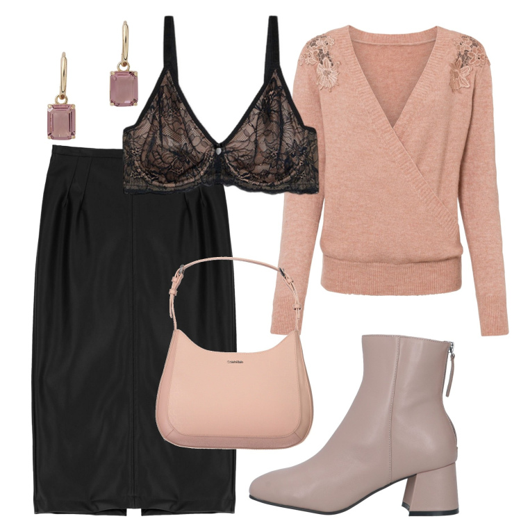 Outfit donna - Il pesca ad ottobre. Stile Chic per Serata fuori. Abbinamento con maglieria, stivaletti, gonne, orecchini, reggiseni, borse a spalla.