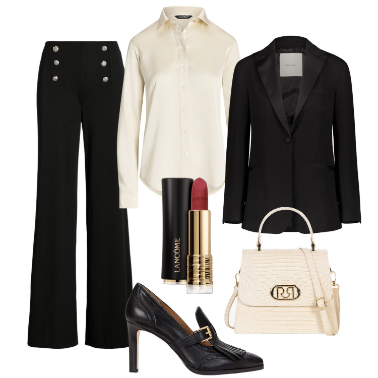 Outfit donna - Serata in smoking !. Stile Chic per Serata fuori. Abbinamento con rossetti, borse a mano, décolleté, pantaloni, camicie, giacche.