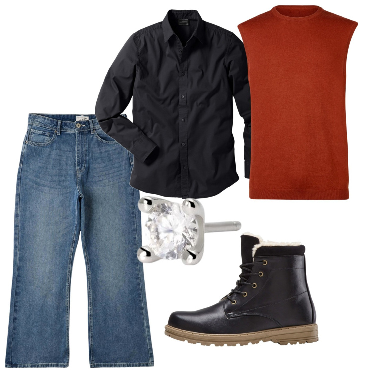 Outfit uomo - Ottobre. Stile Trendy per Tutti i giorni. Abbinamento con camicie, stivali e stivaletti, jeans bootcut, orecchini, gilet.
