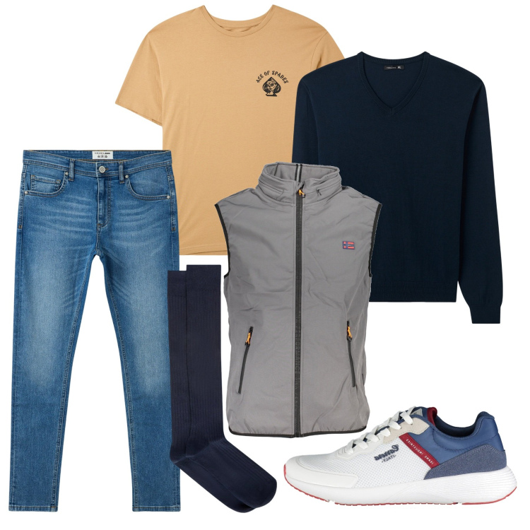 Outfit uomo - Casual. Stile Casual per Tutti i giorni. Abbinamento con t-shirt, jeans slim fit, maglieria, calzini, giacche, sneakers.