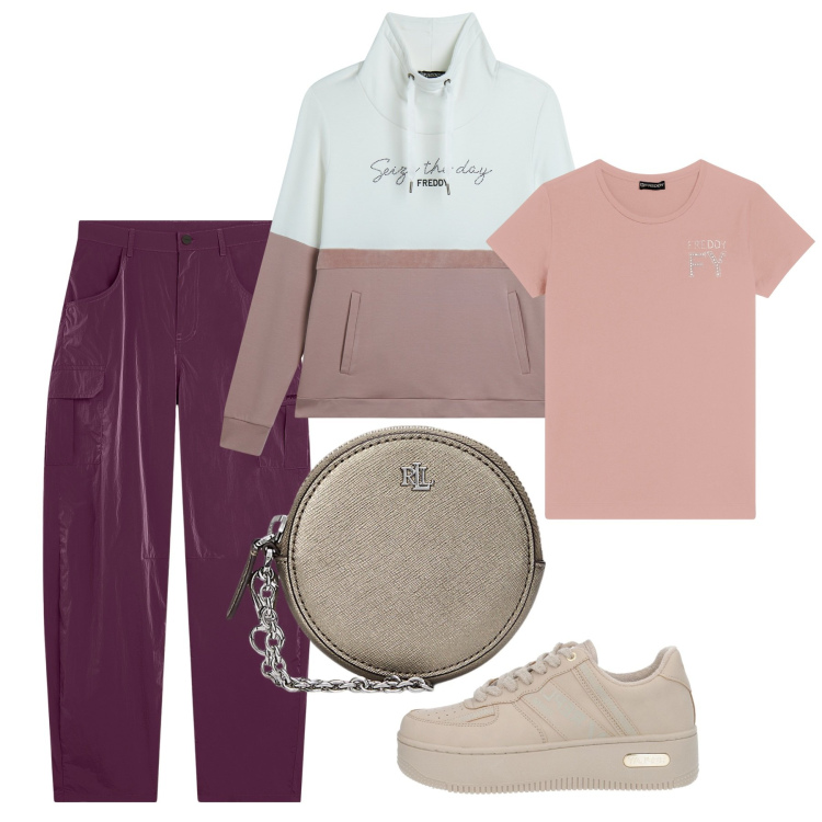 Outfit donna - Pomeriggio. Stile Basic per Tutti i giorni. Abbinamento con sneakers, pantaloni cargo, felpe, t-shirt, pochette.