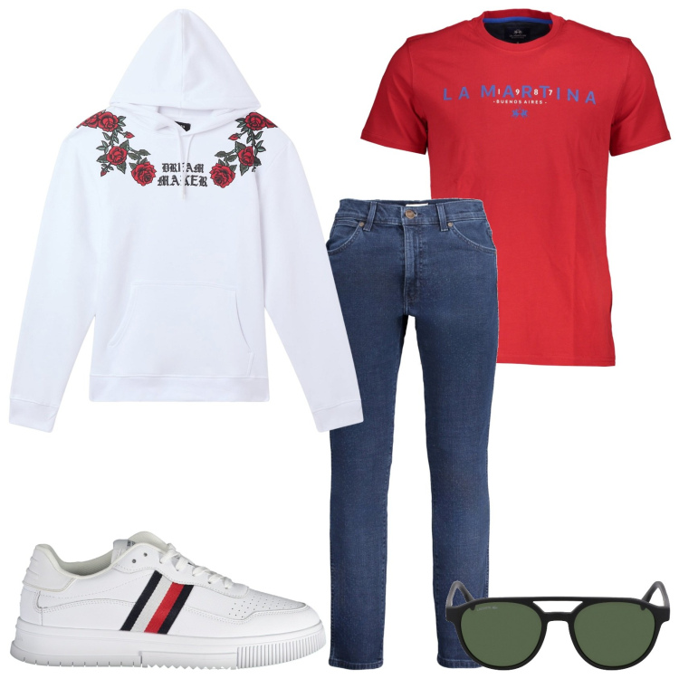 Outfit uomo - Mi preparo per la giornata. Stile Casual per Tutti i giorni. Abbinamento con felpe con cappuccio, jeans, t-shirt, occhiali da sole, sneakers.