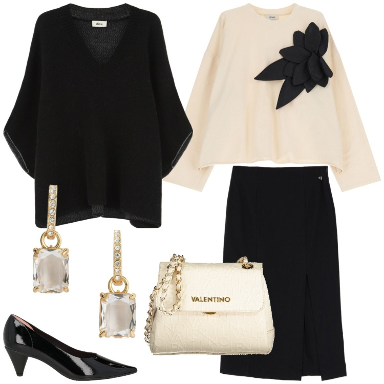 Outfit donna - Cena fra amici. Stile Chic per Serata fuori. Abbinamento con décolleté, felpe, gonne longuette, cappotti, orecchini, borse a spalla.