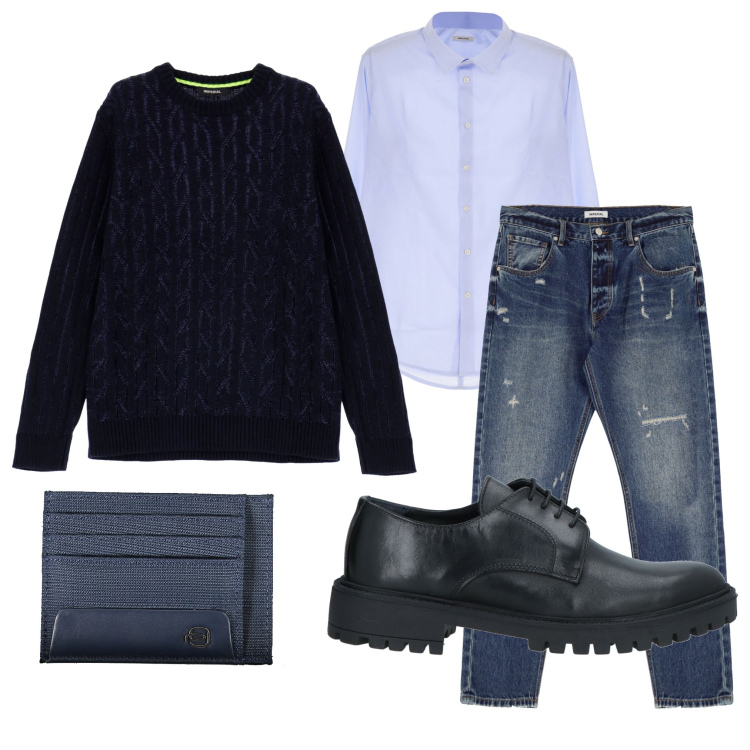 Outfit uomo - In ufficio. Stile Urban per Ufficio. Abbinamento con scarpe stringate, camicie, maglieria, jeans dritti, portafogli.