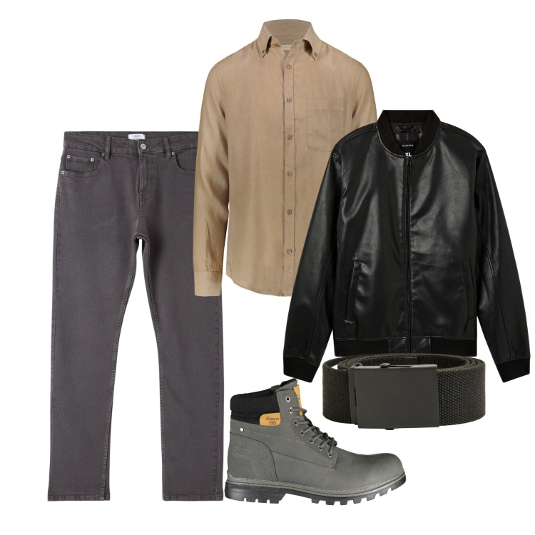 Outfit uomo - Nocciola su grigio. Stile Casual per Tutti i giorni. Abbinamento con bomber, pantaloni, cinture, camicie, stivali.
