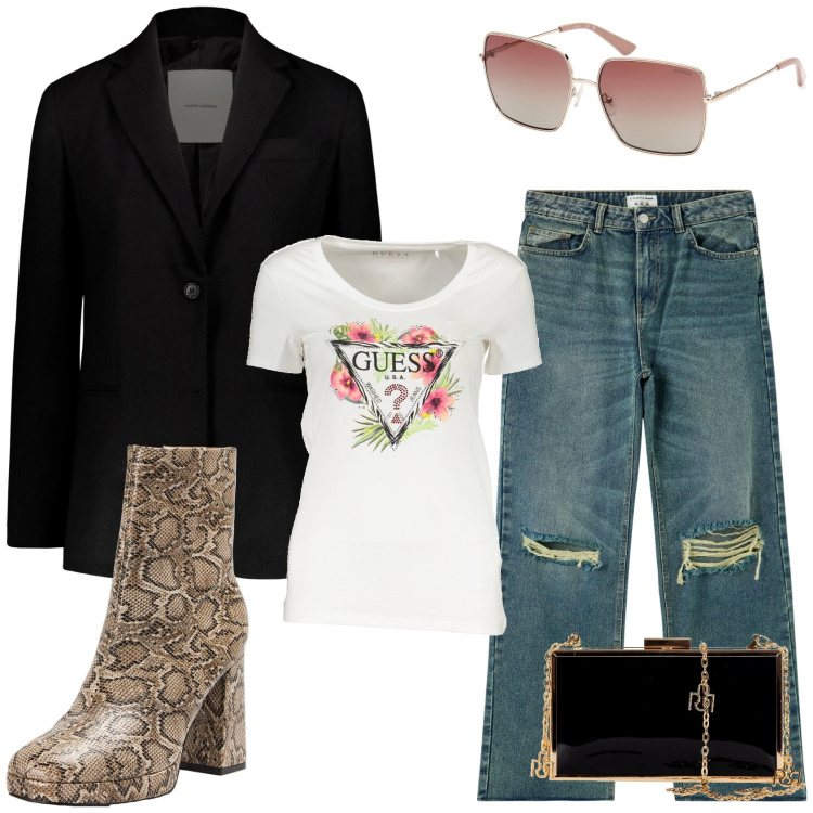 Outfit donna - Sweet girl. Stile Casual per Serata fuori. Abbinamento con jeans strappati, stivaletti, pochette, t-shirt, blazer, occhiali da sole.