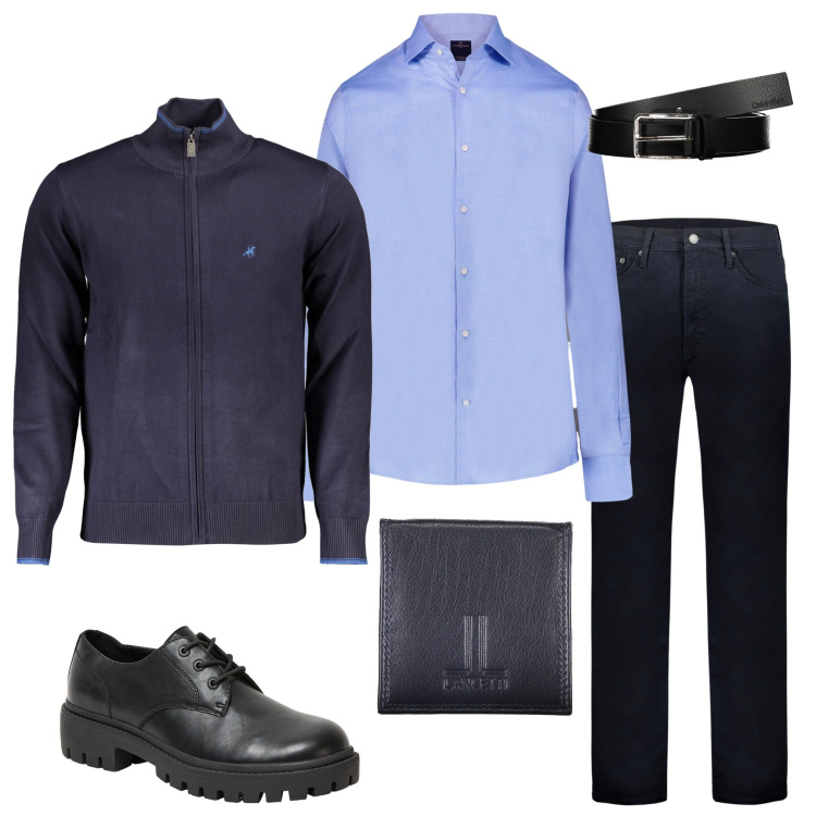 Outfit uomo - In ufficio. Stile Urban per Ufficio. Abbinamento con scarpe stringate, pantaloni, camicie, portamonete, cinture, cardigans.