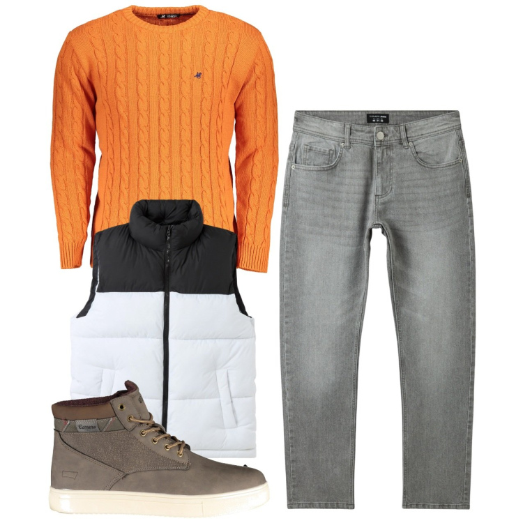 Outfit uomo - Zucca ad ottobre. Stile Casual per Tutti i giorni. Abbinamento con piumini, jeans, stivali, maglieria.