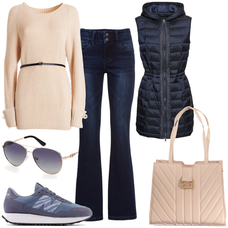 Outfit donna - Total look #1979073. Stile Casual per Tutti i giorni. Abbinamento con jeans bootcut, piumini, sneakers, maglieria, borse a spalla, occhiali da sole.