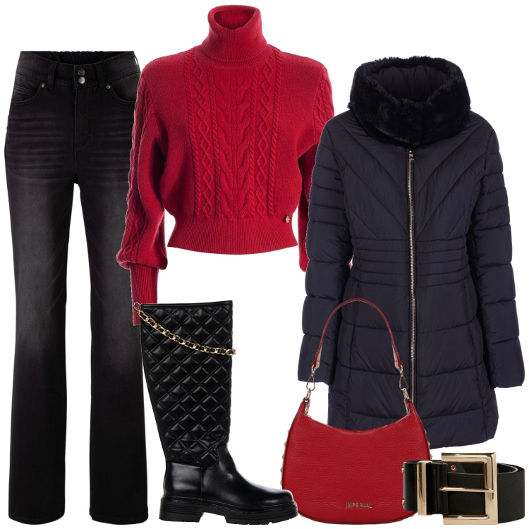 Outfit donna - Total look #1979074. Stile Casual per Tutti i giorni. Abbinamento con jeans bootcut, stivali, piumini, maglieria, borse a spalla, cinture.