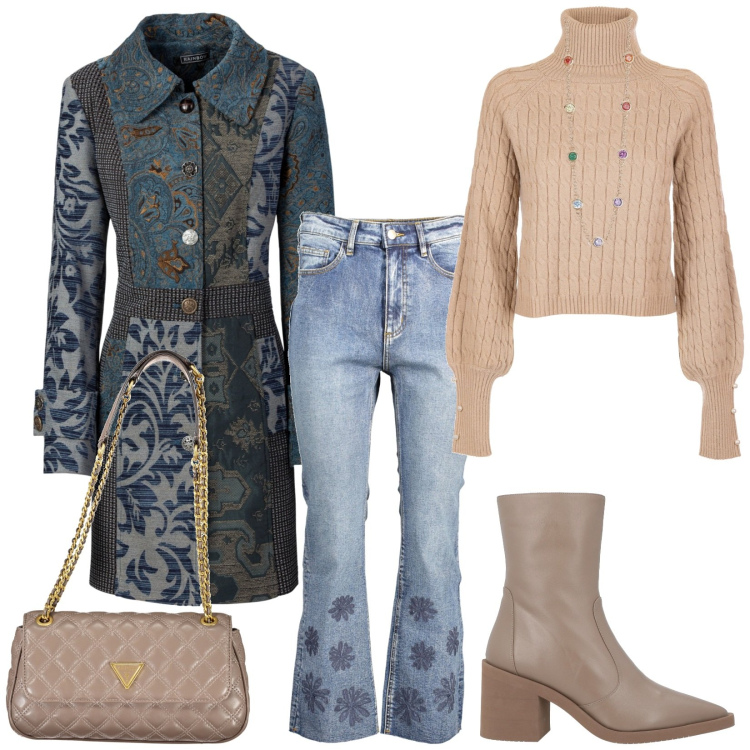 Outfit donna - Un tocco Boho. Stile Boho per Tutti i giorni. Abbinamento con cappotti, stivaletti, collane, maglieria, jeans, borse a spalla.