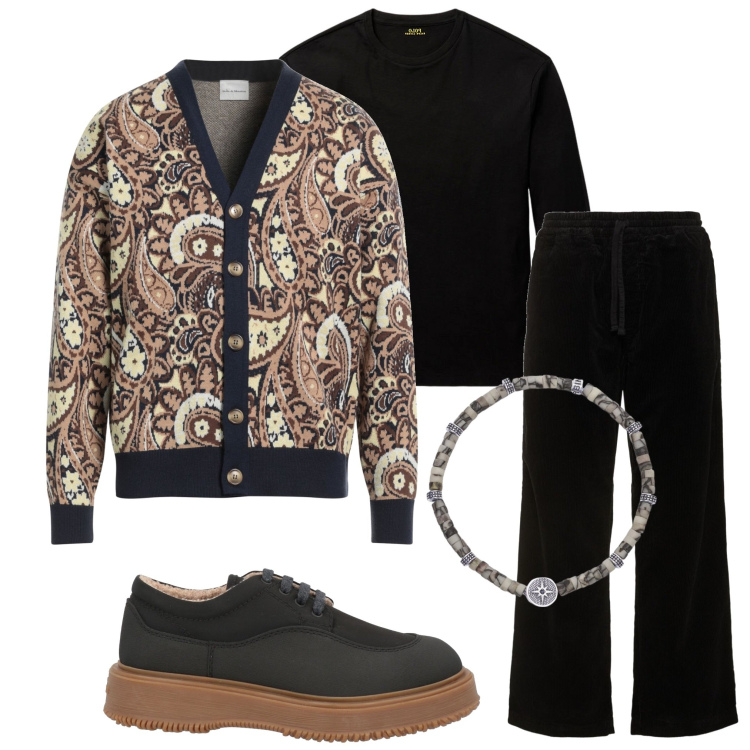 Outfit uomo - Sabato sera con amici. Stile Trendy per Serata speciale. Abbinamento con cardigans, scarpe stringate, braccialetti, t-shirt, pantaloni.