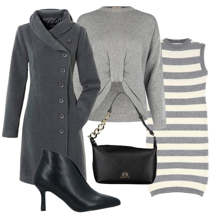 Outfit donna - Cappotto grigio scuro con bottoni. Stile Chic per Serata fuori. Abbinamento con cappotti, stivaletti, vestiti, maglieria, borse a spalla.