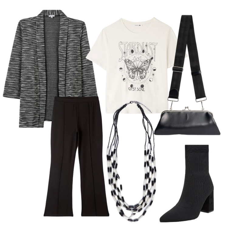 Outfit donna - Total look #1979108. Stile Basic per Tutti i giorni. Abbinamento con blazer, pantaloni, stivaletti, t-shirt, collane, clutch.