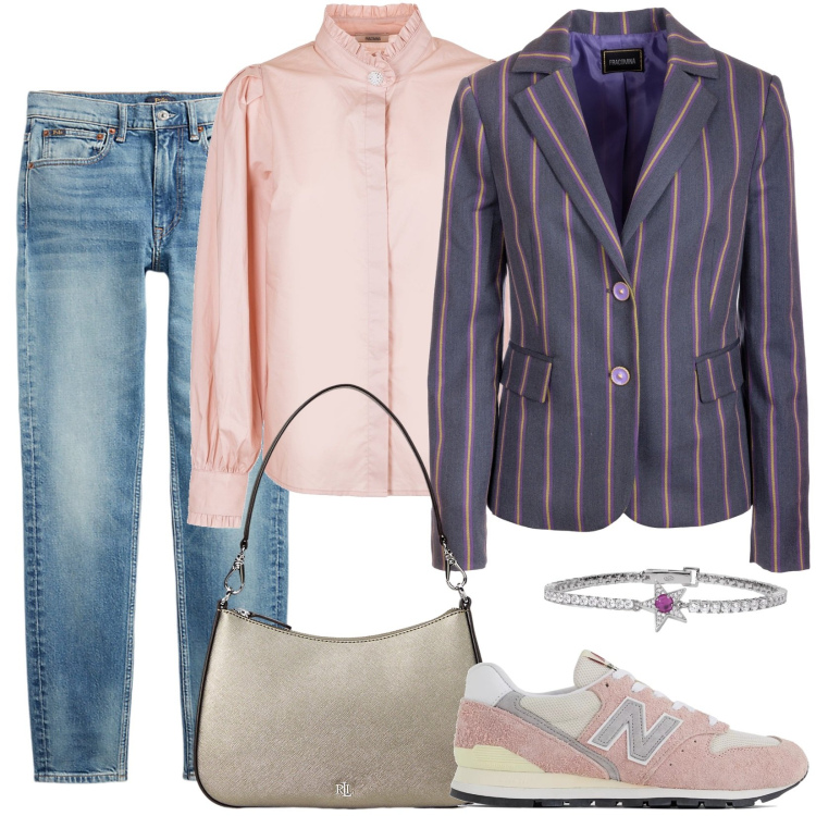 Outfit donna - Pamela. Stile Casual per Tutti i giorni. Abbinamento con braccialetti, sneakers, blazer, camicie, borse a spalla, jeans skinny.