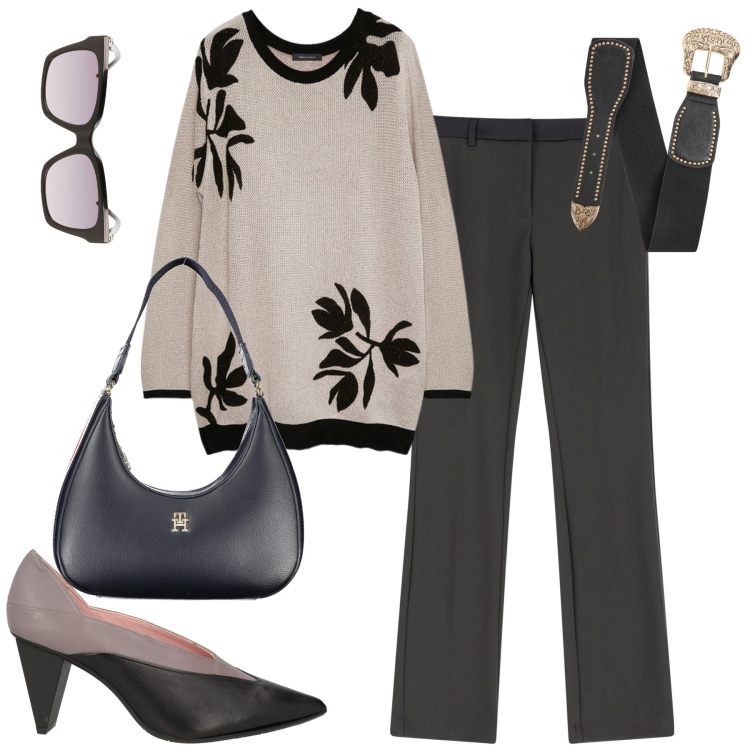 Outfit donna - City. Stile Chic per Tutti i giorni. Abbinamento con décolleté, cinture, pantaloni, maglieria, borse a spalla, occhiali da sole.