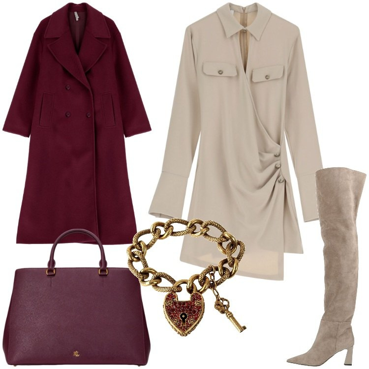 Outfit donna - Accessori statement per un tocco glamour. Stile Trendy per Tutti i giorni. Abbinamento con stivali sopra il ginocchio, braccialetti, vestiti asimmetrici, cappotti, borse a mano.