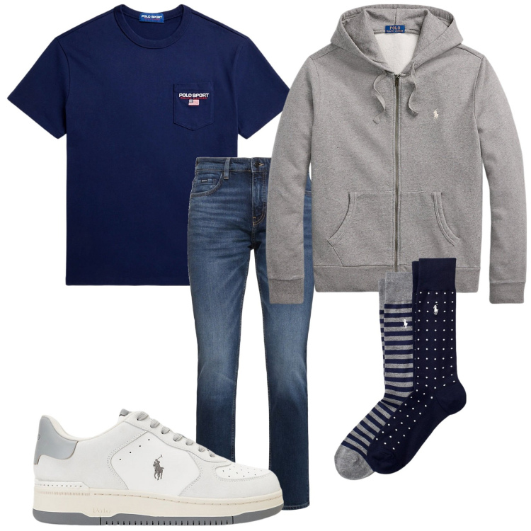 Outfit uomo - Total look #1979156. Stile Casual per Tutti i giorni. Abbinamento con calzini, t-shirt, sneakers, felpe con cappuccio, jeans.
