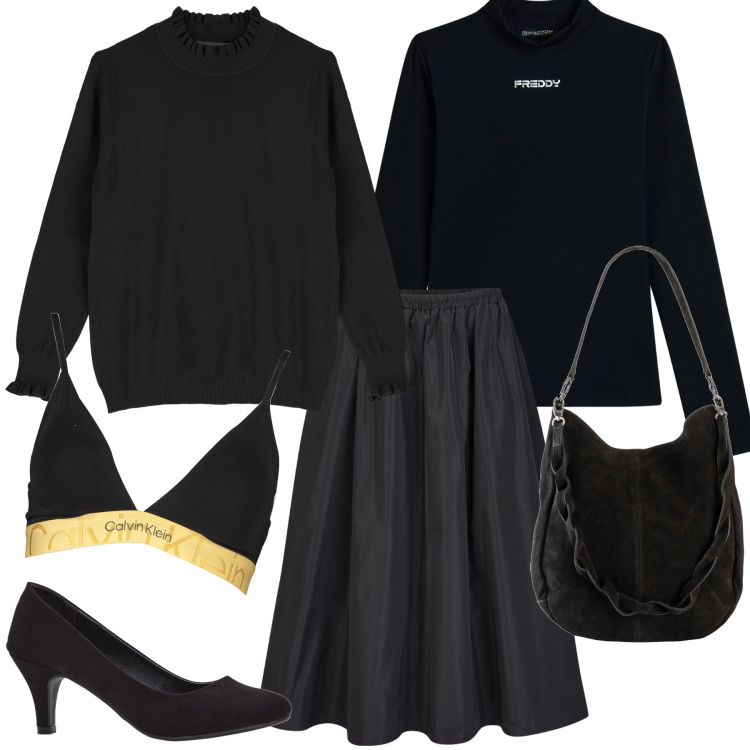 Outfit donna - All black e un tocco d oro. Stile Urban per Tutti i giorni. Abbinamento con décolleté, borse a mano, maglieria, maglieria, gonne lunghe, reggiseni.