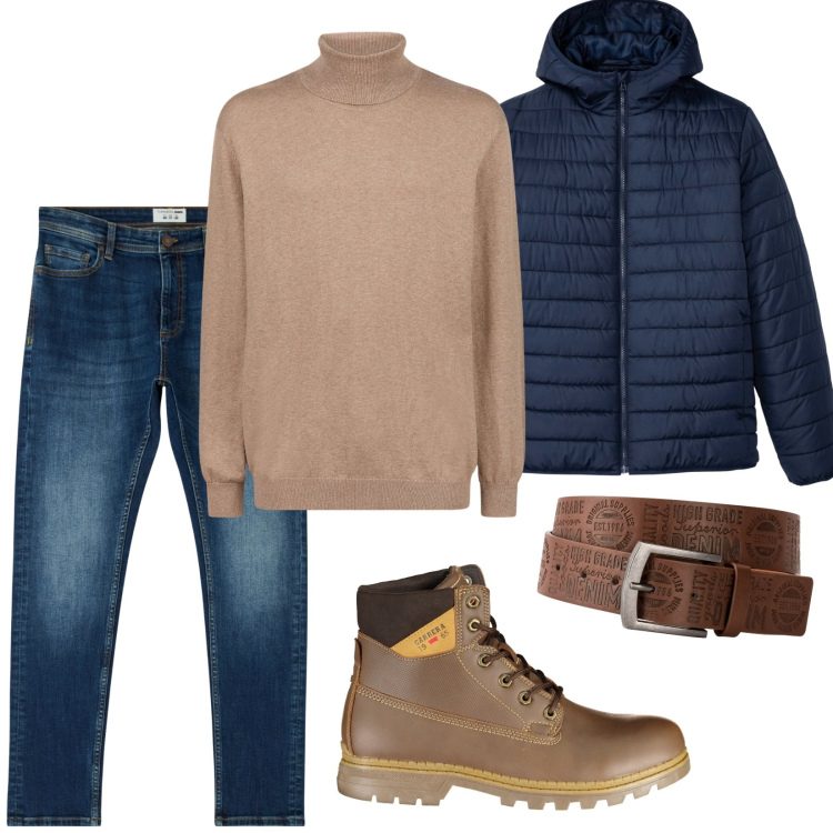 Outfit uomo - Jeans e dolcevita. Stile Casual per Tutti i giorni. Abbinamento con cinture, giacche, jeans skinny, maglieria, stivali.
