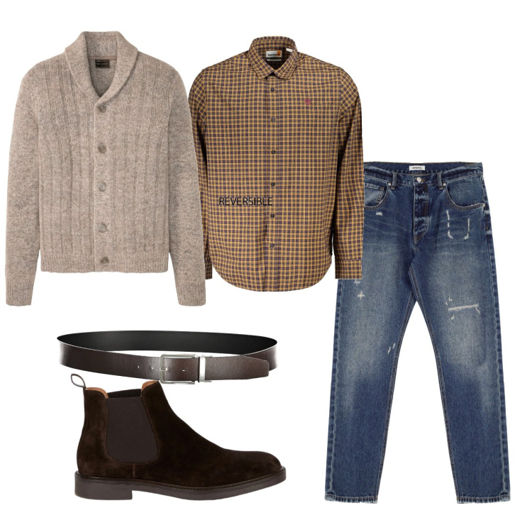 Outfit uomo - Toni caldi. Stile Casual per Tutti i giorni. Abbinamento con cardigans, jeans dritti, stivali e stivaletti, camicie, cinture.