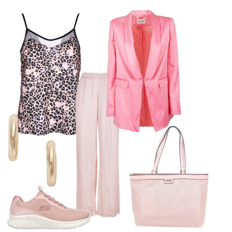 Outfit donna - Total look #1979213. Stile Casual chic per Ufficio. Abbinamento con blazer, top, pantaloni a palazzo, orecchini, sneakers, borse a spalla.