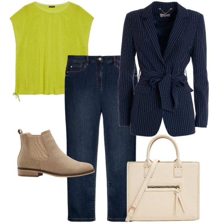 Outfit donna - La giacca rigata. Stile Casual chic per Ufficio. Abbinamento con stivaletti chelsea, shopping bag, blazer, jeans dritti, bluse.