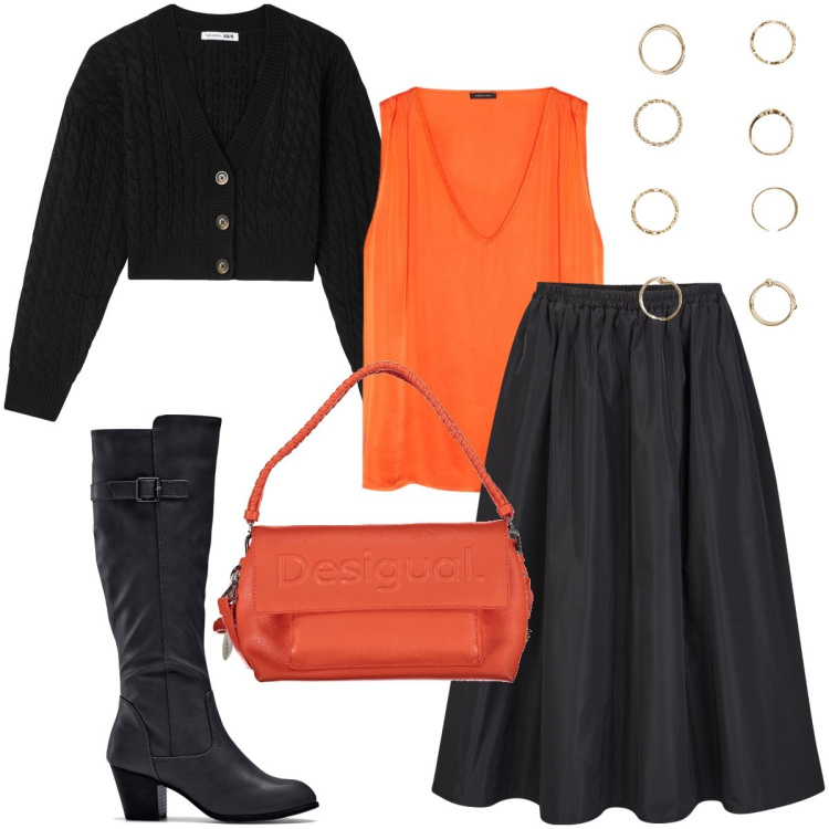 Outfit donna - Il top vitaminico. Stile Casual chic per Serata fuori. Abbinamento con stivali, cardigans, anelli, gonne lunghe, top, borse a spalla.