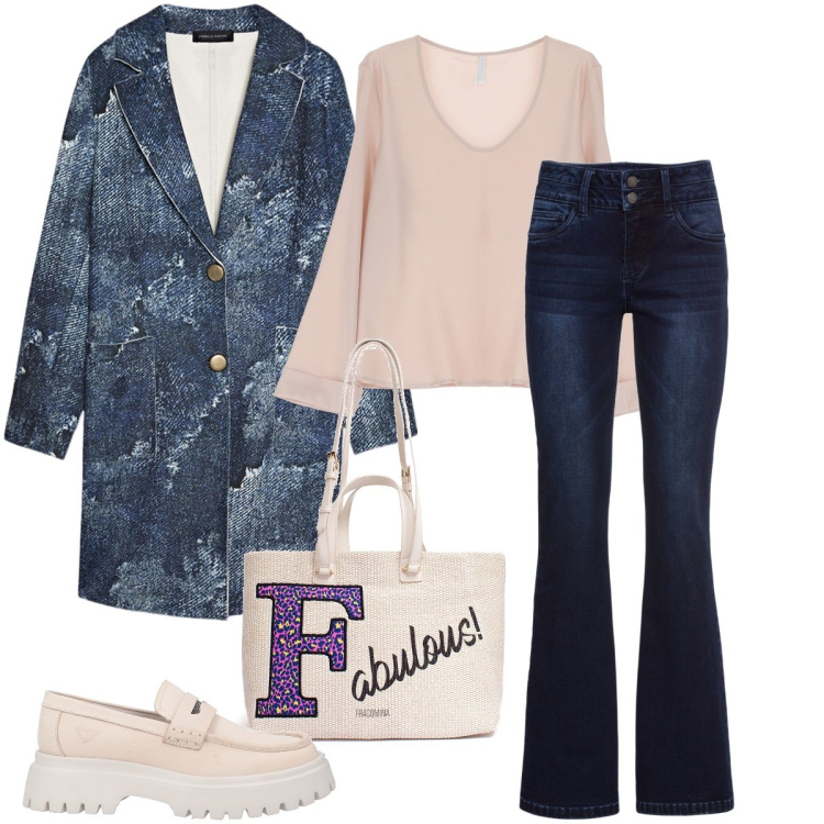 Outfit donna - Il cappotto in denim. Stile Trendy per Tutti i giorni. Abbinamento con jeans bootcut, mocassini, borse a tracolla, camicie, cappotti.