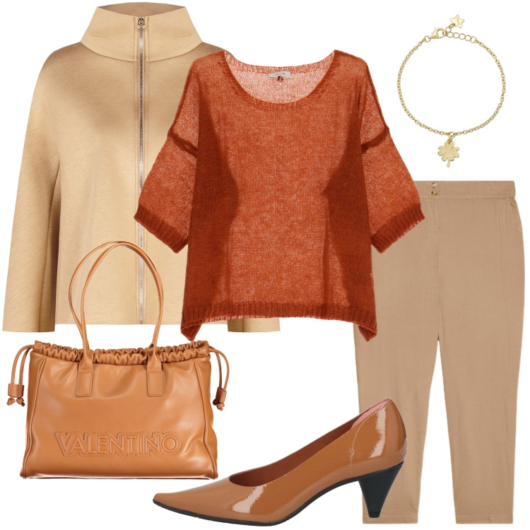 Outfit donna - Marrone bon ton. Stile Casual chic per Ufficio. Abbinamento con décolleté, braccialetti con ciondoli, cappe, pullovers, pantaloni, borse a spalla.