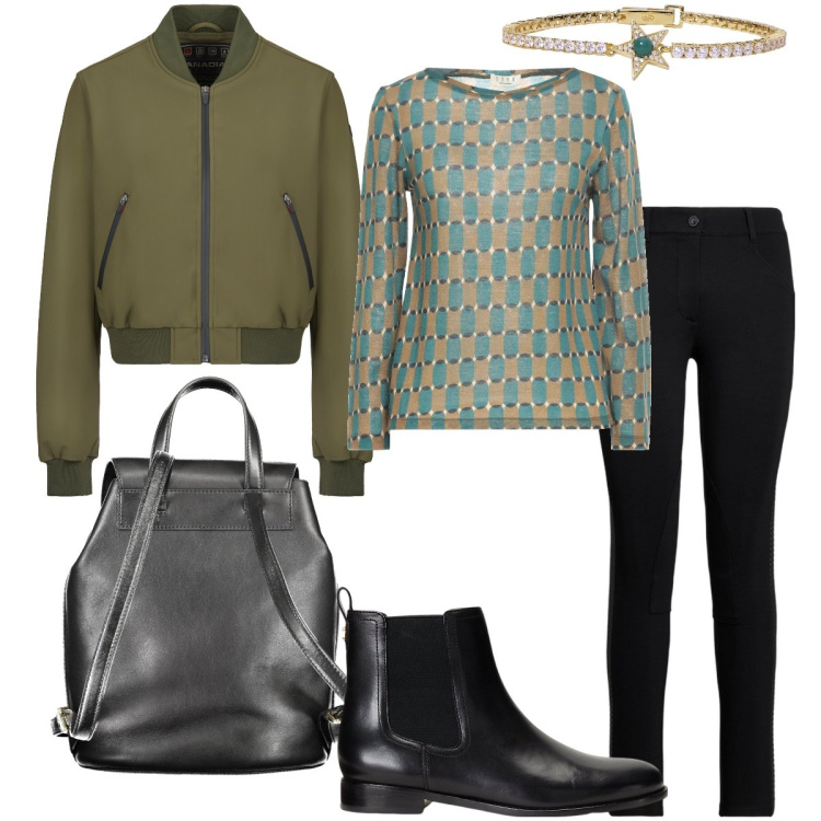Outfit donna - Fantasia geometrica. Stile Casual chic per Ufficio. Abbinamento con pullovers, braccialetti, stivaletti chelsea, pantaloni, bomber, zaini.