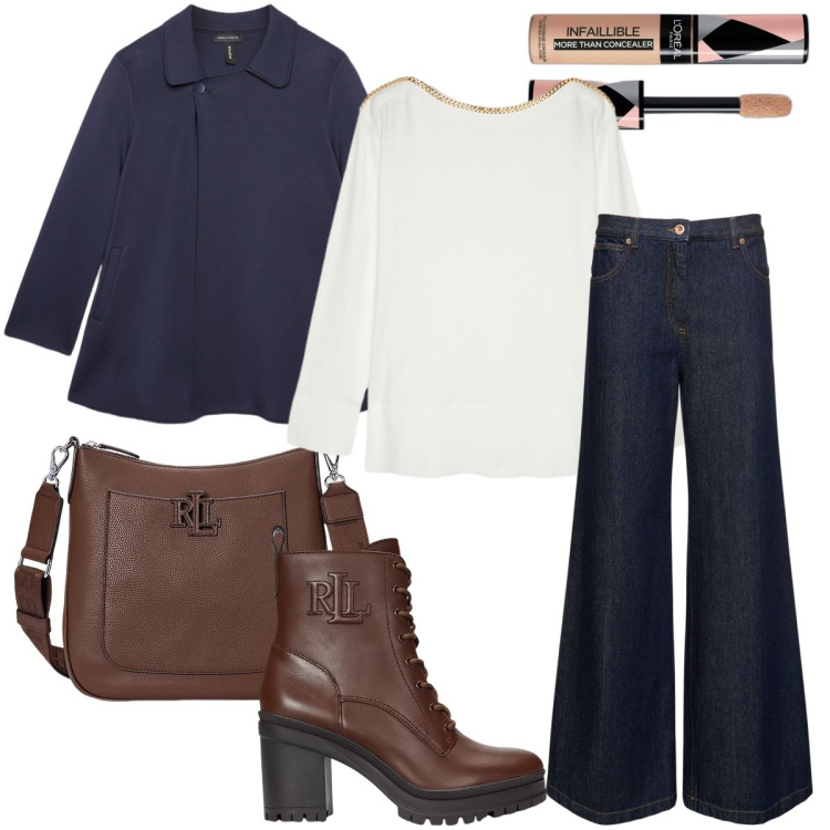 Outfit donna - Maxi zampa. Stile Trendy per Ufficio. Abbinamento con correttori, borse a tracolla, stivaletti, t-shirt, cappotti, pantaloni.