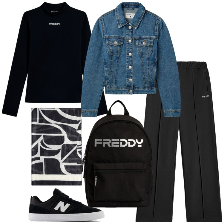 Outfit donna - Basic tutti i giorni. Stile Basic per Tutti i giorni. Abbinamento con blazer, sneakers, pantaloni, maglieria, zaini, foulard.