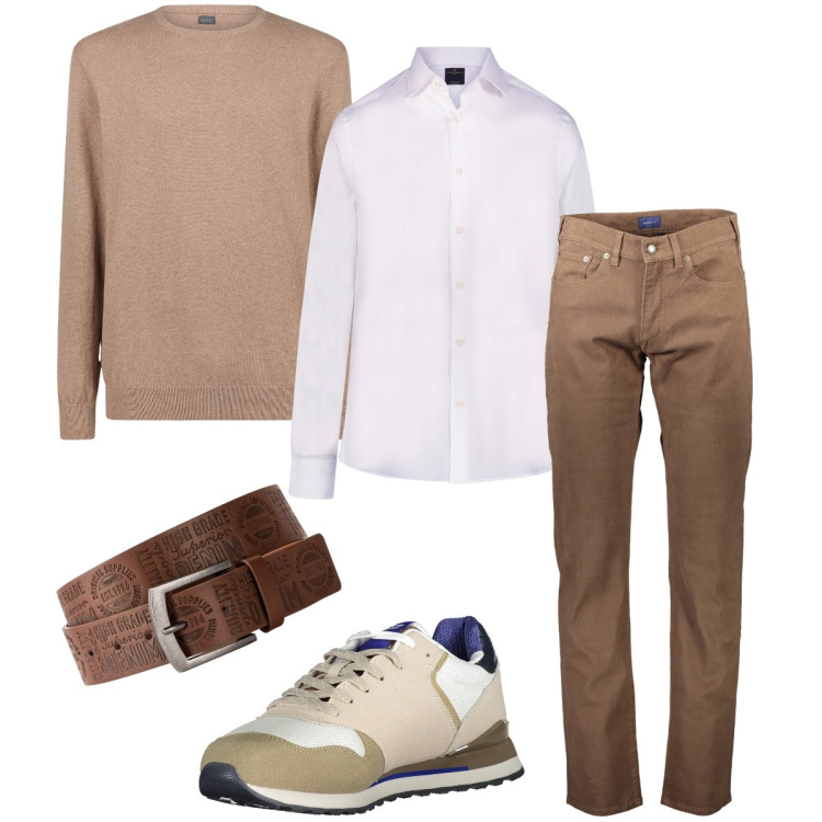 Outfit uomo - Il jeans marrone. Stile Casual per Ufficio. Abbinamento con cinture, camicie, maglieria, pantaloni, sneakers.