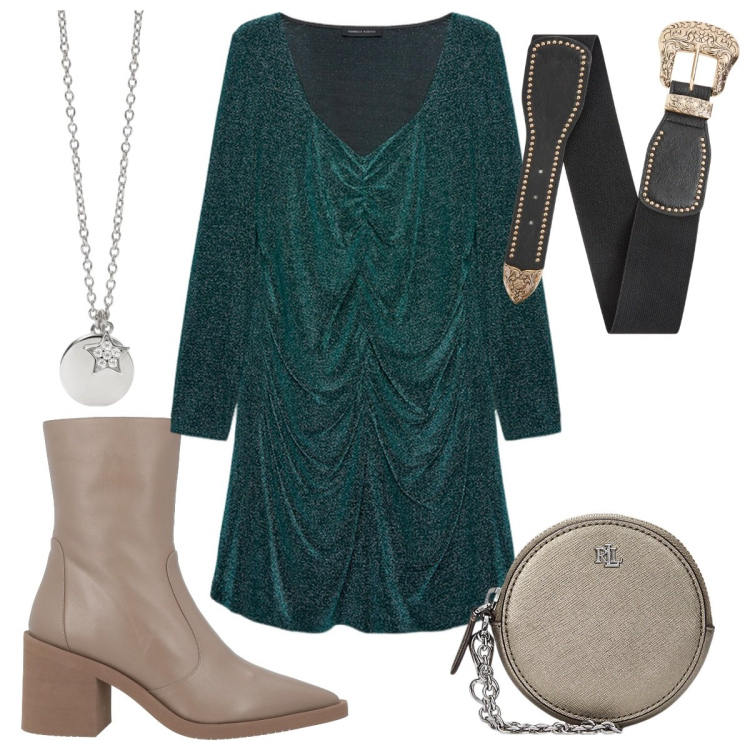 Outfit donna - Total look #1979282. Stile Trendy per Tutti i giorni. Abbinamento con stivaletti, ciondoli, cinture, pochette, vestiti corti.