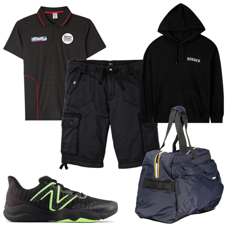 Outfit uomo - Total look #1979287. Stile Trendy per Sport. Abbinamento con bermuda, polo, felpe con cappuccio, sneakers, borse sportive.