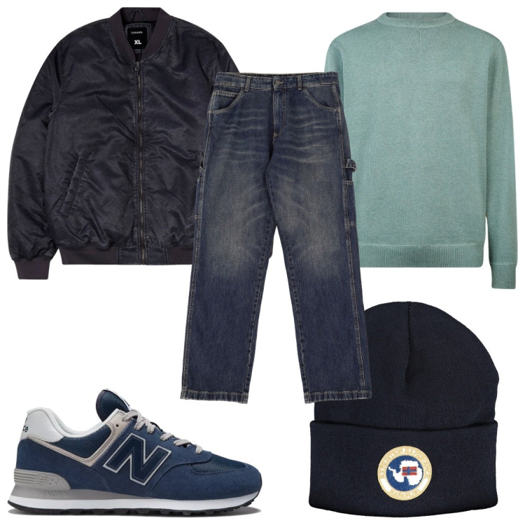 Outfit uomo - Total look #1979289. Stile Casual per Tutti i giorni. Abbinamento con bomber, sneakers, jeans, maglieria, berretti.