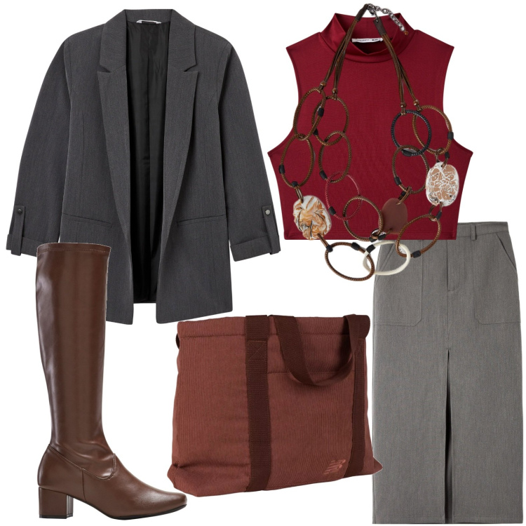 Outfit donna - Passione per gli stivali. Stile Minimal per Ufficio. Abbinamento con stivali, gonne lunghe, blazer, top, borse tote, collane.