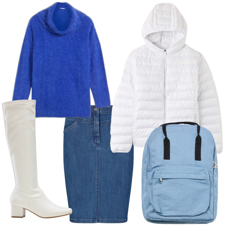 Outfit donna - Denim e maglione bluette. Stile Minimal per Scuola/Università. Abbinamento con gonne, maglieria, stivali, blazer, zaini.