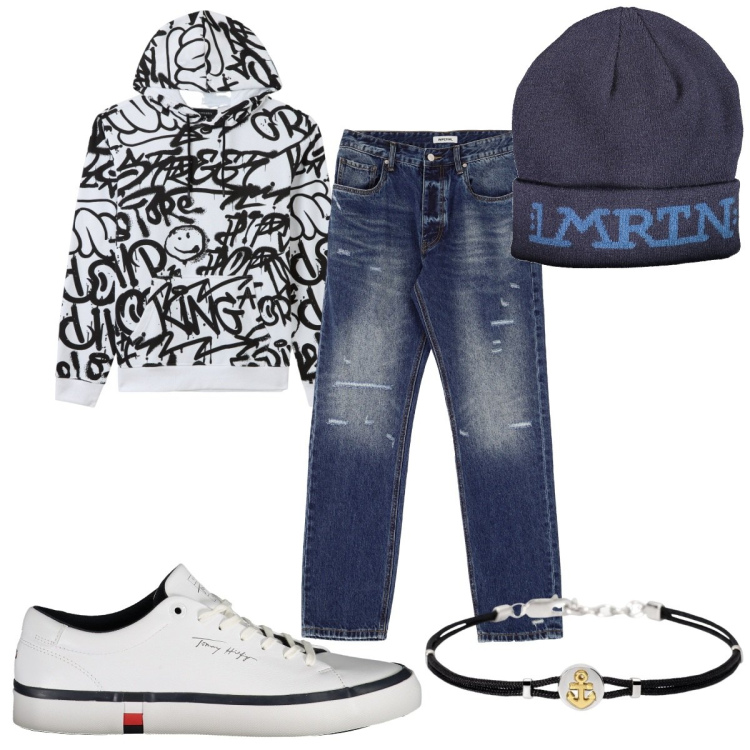 Outfit uomo - Total look #1979317. Stile Urban per Tutti i giorni. Abbinamento con felpe con cappuccio, braccialetti, jeans dritti, sneakers, berretti.