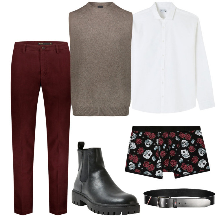 Outfit uomo - Total look #1979318. Stile Casual per Ufficio. Abbinamento con stivali e stivaletti, boxer, camicie, pantaloni, gilet, cinture.