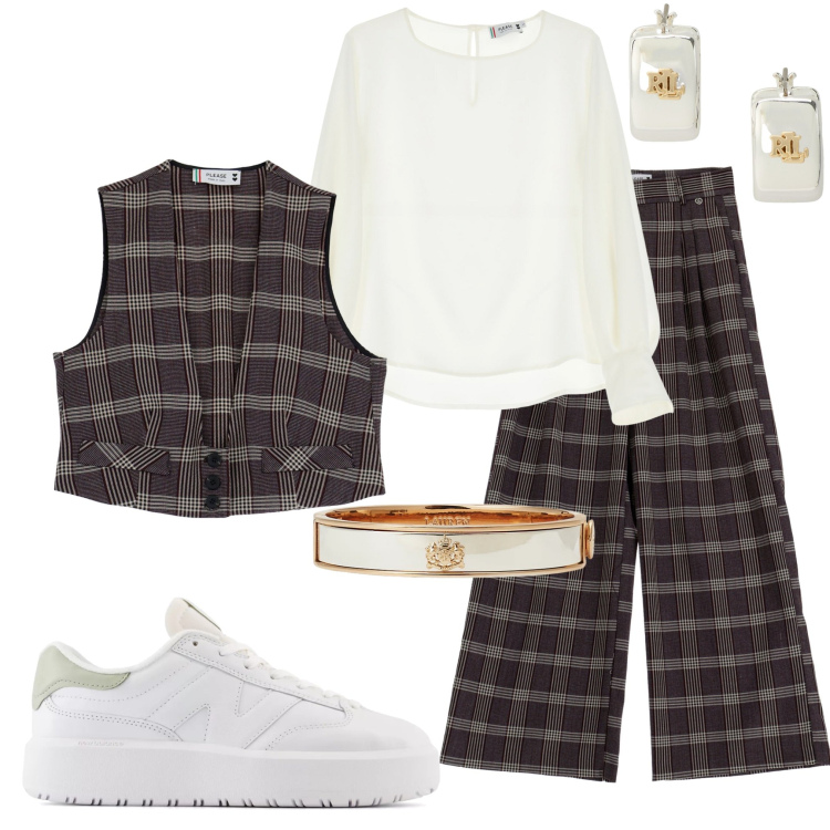 Outfit donna - Completo scozzese. Stile Trendy per Ufficio. Abbinamento con sneakers, camicie, pantaloni, gilet, braccialetti, orecchini.