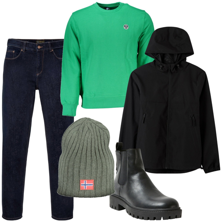 Outfit uomo - Total look #1979328. Stile Casual per Tutti i giorni. Abbinamento con jeans dritti, giacche, stivali e stivaletti, felpe, berretti.