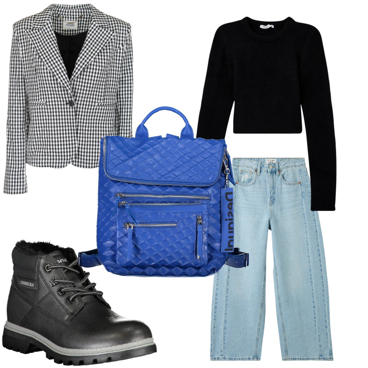Outfit donna - Lo zaino per tutto l'anno. Stile Minimal per Scuola/Università. Abbinamento con blazer, maglieria, jeans, zaini, stivali.