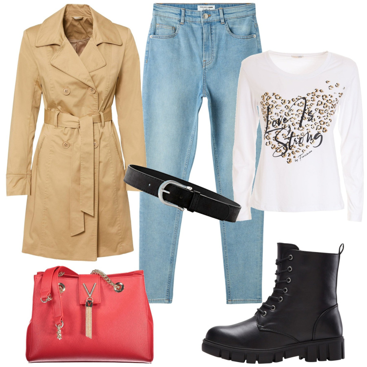 Outfit donna - Per tutti i giorni. Stile Casual per Tutti i giorni. Abbinamento con stivaletti, cinture, trench, jeans skinny, t-shirt, borse a spalla.