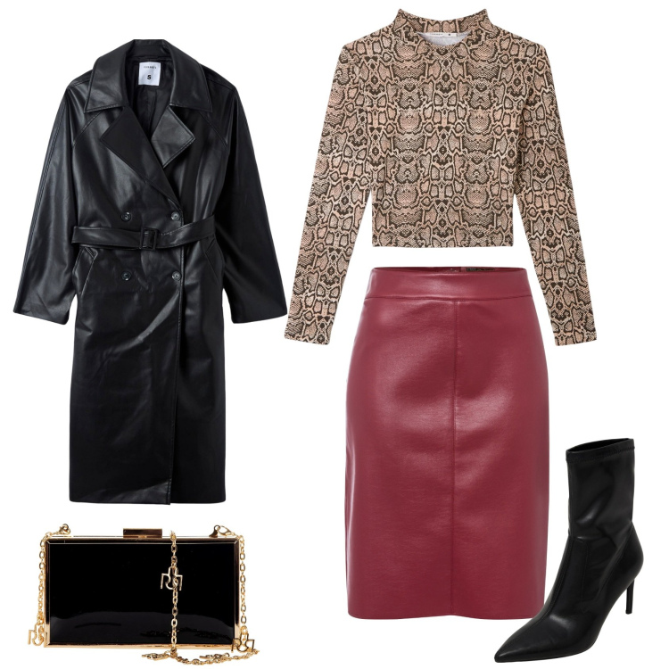 Outfit donna - Autunno con allegria. Stile Casual chic per Tutti i giorni. Abbinamento con gonne longuette, stivaletti, t-shirt, trench, pochette.