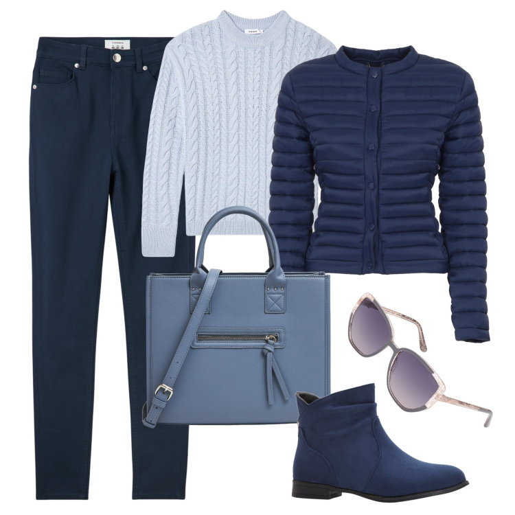 Outfit donna - Il piumino slim e la maglia a trecce. Stile Casual per Tutti i giorni. Abbinamento con stivaletti, pantaloni skinny, maglieria, shopping bag, piumini, occhiali da sole.