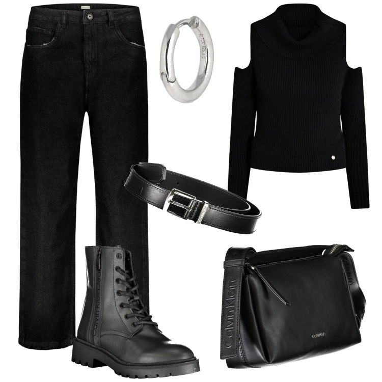 Outfit donna - Total black per il giorno. Stile Casual per Tutti i giorni. Abbinamento con maglieria, jeans, borse a tracolla, stivali, cinture, orecchini.