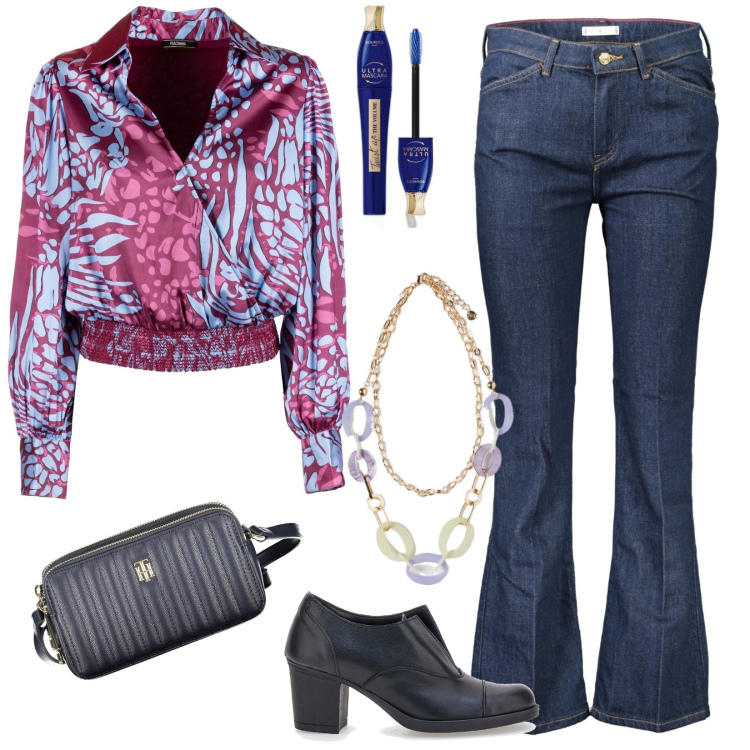 Outfit donna - Domeniche soleggiate. Stile Casual chic per Tutti i giorni. Abbinamento con mascara, bluse, jeans, scarpe stringate, borse a tracolla, ciondoli.