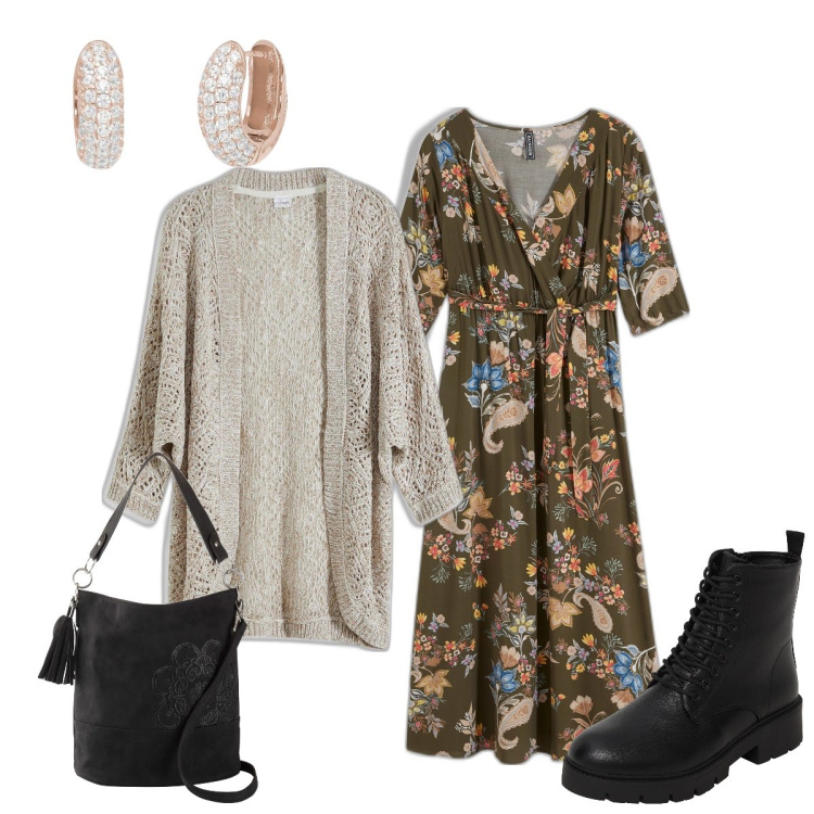 Outfit donna - Elegante e audace con gli anfibi. Stile Boho per Tutti i giorni. Abbinamento con borse a mano, vestiti midi/longuette, cardigans, anfibi, orecchini.